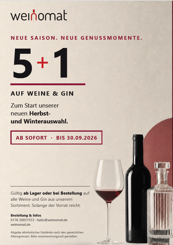 5+1-Aktion auf Weine und Gin bei Weinomat bis 30. September 2026